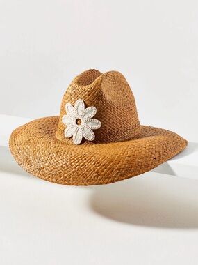 Woven Brown Straw Fedora with Crochet Daisy Accent
